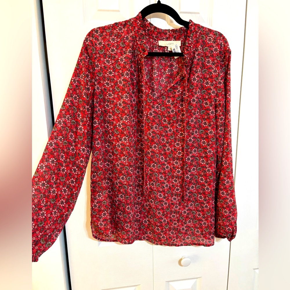 Red Floral LOFT tie neck long sleeve Blouse